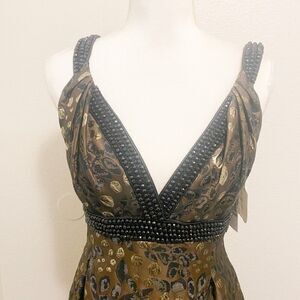 NWT Carmen Marc Valvo Metallic Brown Beaded Evening Cocktail Midi Dress Size 14